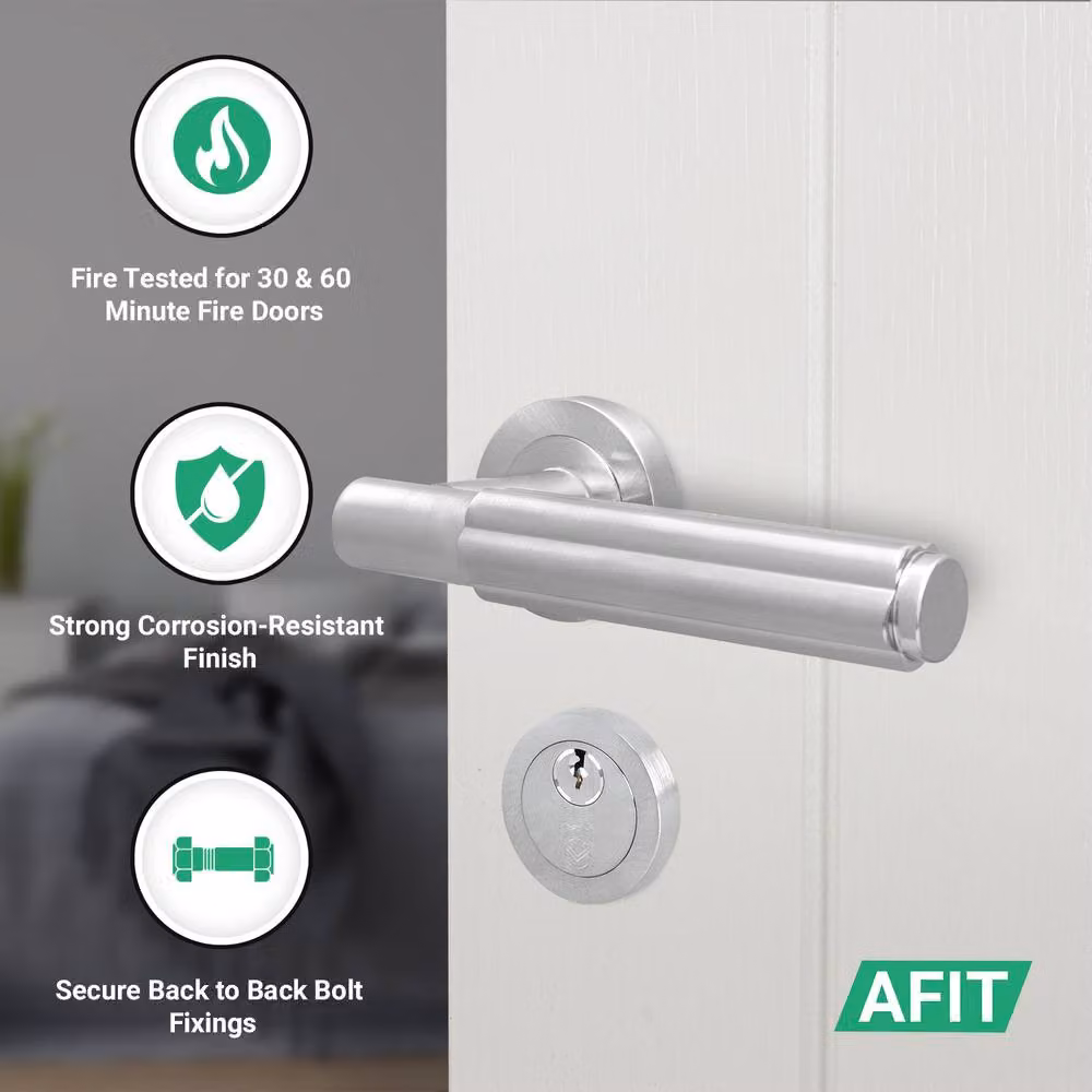 AFIT Satin Nickel Fire Door Handle with Euro Lock, Double Cylinder Locks and Hinges in Silver, W/D/H: 150 x 150 mm – 2