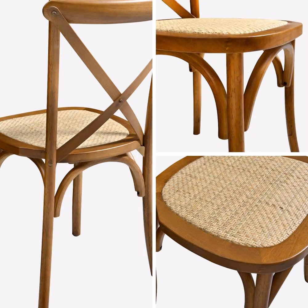 sweeek Set of 4 Vintage Wooden Bistro Chairs in Brown with Rattan and Fabric Details – 3