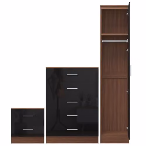 Reflect Modern Bedroom Furniture Set in Black Gloss and Walnut Finish, including 1 Door Wardrobe, 5 Drawer Chest of Drawers and Nightstand – 2