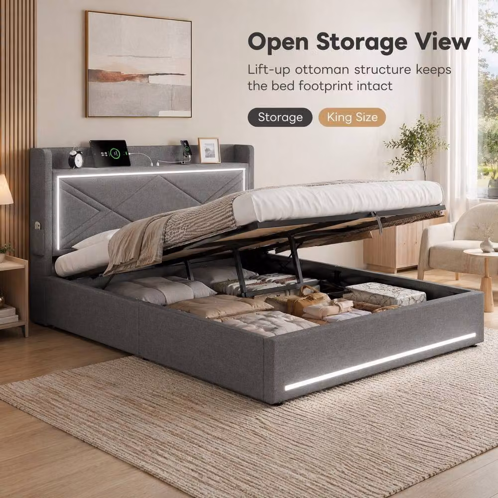 STILVORA King Size Ottoman Bed in Grey Linen with LED Under-Bed Lighting and USB Charging Ports, W/D/H: 180 x 200 x 110 cm – 3