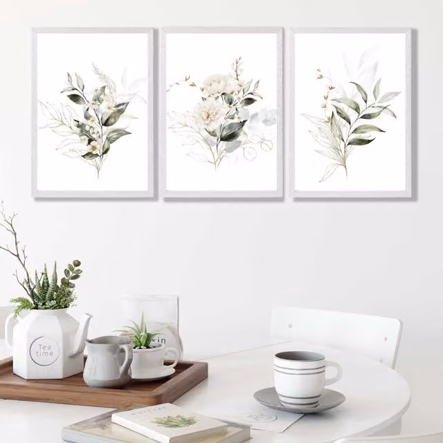 ARTZE Set of 3 White and Green Floral Botanical Wall Art Prints with Dark Olive White Frames, A3