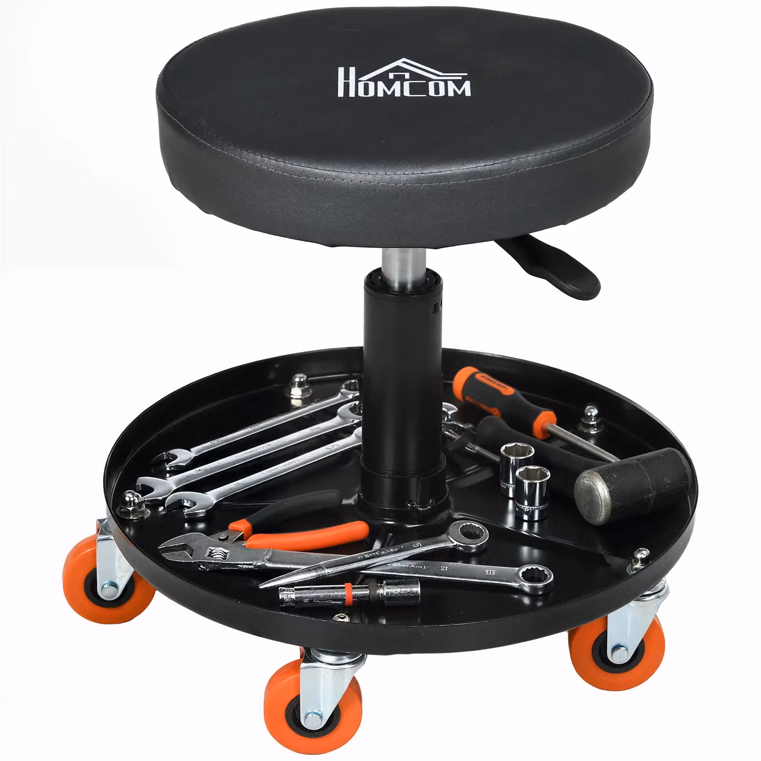 HOMCOM Black Workshop Stool with Pneumatic Adjustable Height, Rolling Castors and Tool Tray – 2