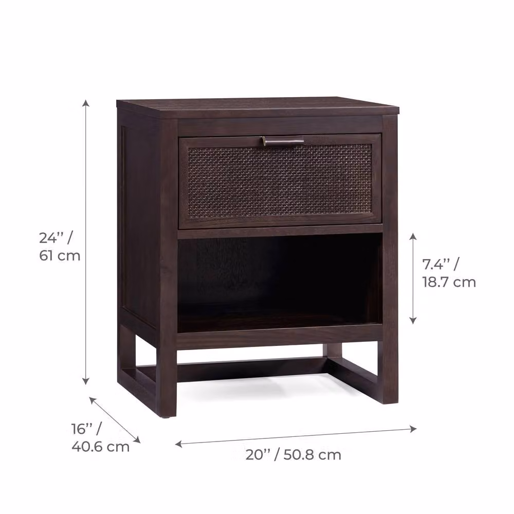 Teamson Home Hatteras Nightstand with Rattan Detail and Soft Close Drawer in Black Finish, W: 50.8 cm, D: 40.64 cm, H: 60.96 cm – 5
