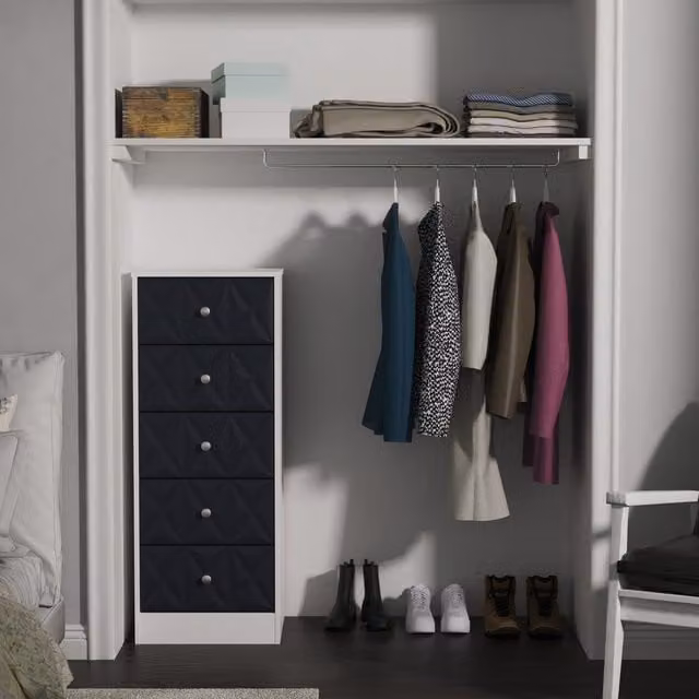 Ready Assembled 2 U Memphis 5 Drawer Tall Bedside Cabinet in Dark Blue