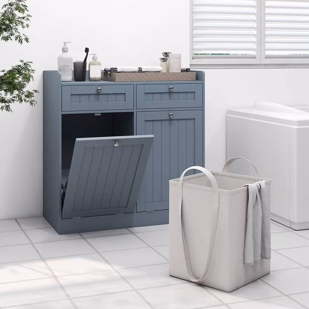 VOGREX Grey Modern Farmhouse Freestanding Laundry Clothes Sorter Unit with Hinged Doors and Internal Drawers – 3