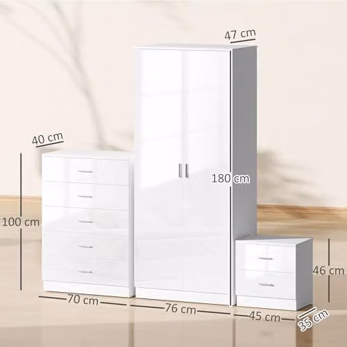 HOMCOM 3 Piece High Gloss Modern Bedroom Furniture Set in White – 2