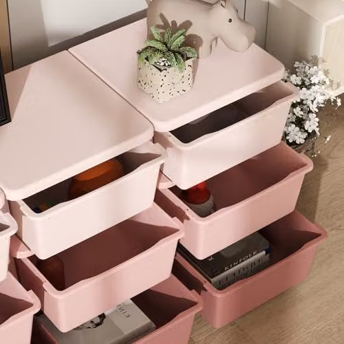 HOMCOM 3-Tier Pink Plastic Kids Toy Storage Unit with 9 Drawers – 4