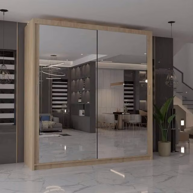 MN Furniture Cuba Sliding Mirror Wardrobe with Integrated LED Lighting in Light Oak, W/H: 100 x 217 cm