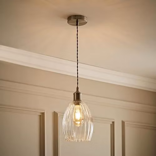 ValueLights Cheltenham Brushed Chrome and Transparent Ribbed Glass Dome Pendant Ceiling Light – 2