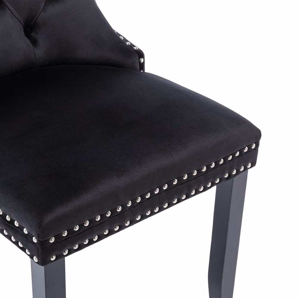 BTM Set of 4 Black Modern Upholstered Velvet Button Tufted Dining Chairs with Rubberwood Legs – 3