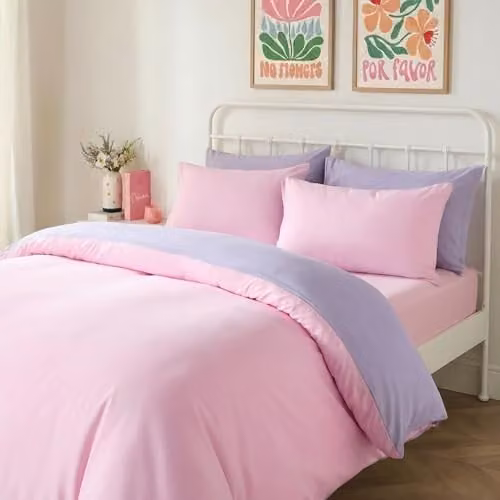 OHS Reversible Microfibre Duvet Cover and Pillowcase Set in Pink and Purple, W/D/H: 200 x 200 cm