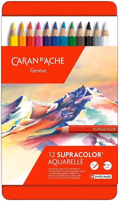 Caran d'Ache Supracolor II 12 Water-Soluble Colour Pencils in a Metal Tin, Assorted Colours