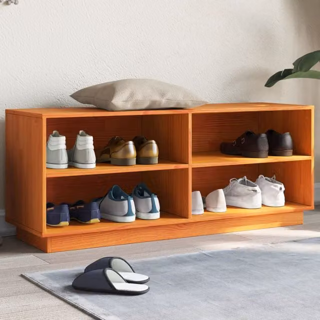 Berkfield Home Wax Brown Solid Wood Pine Shoe Cabinet, W/D/H: 110 x 34 x 45 cm