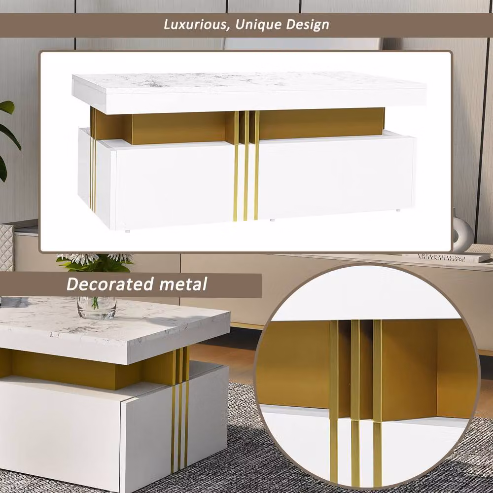 Merax Rectangular Sofa Centre Table with Marble-Effect Top and 2 Drawers, White, W: 100 cm, D: 50 cm, H: 40 cm – 4