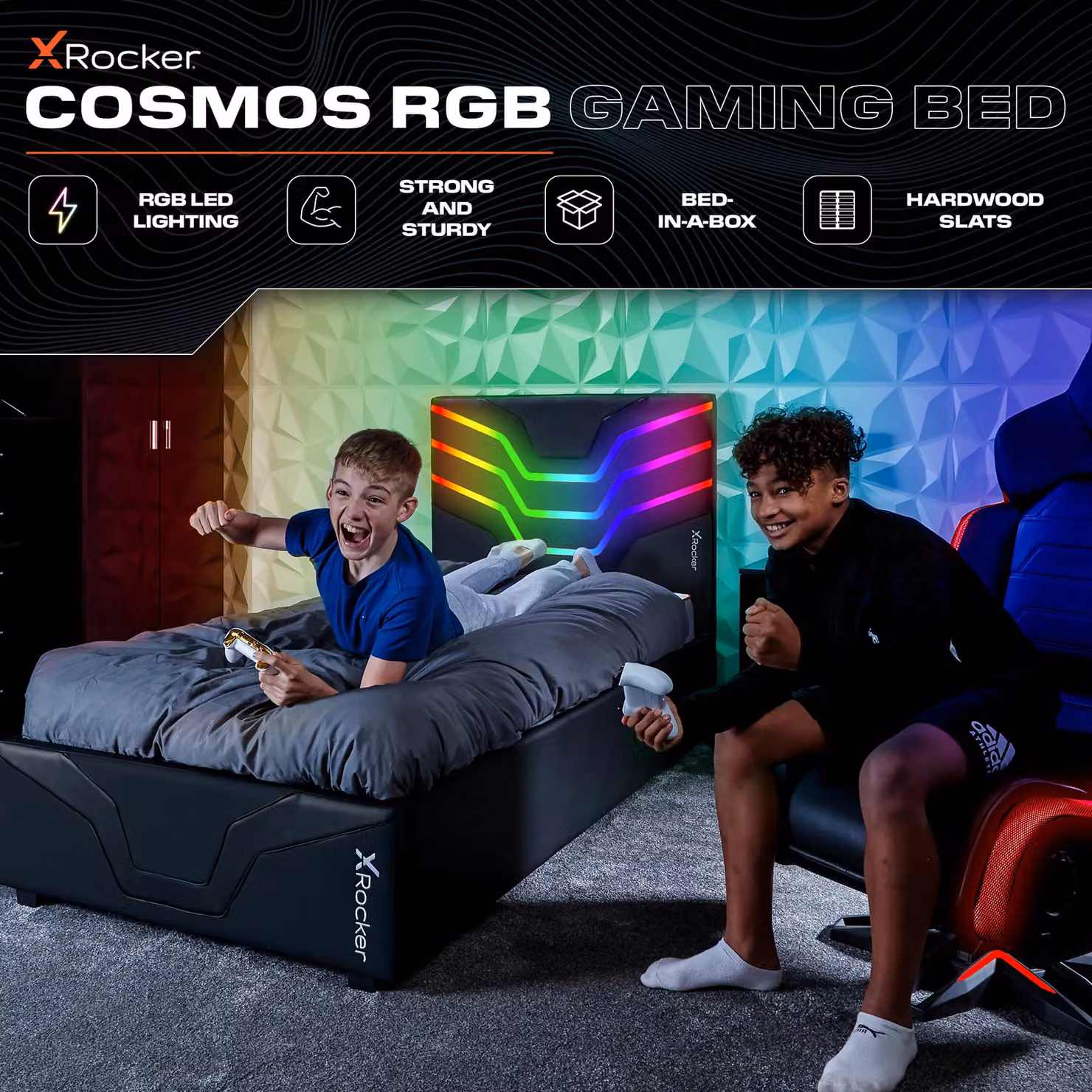 X Rocker Cosmos Single Bed with Under-Bed LED Lighting in Black Synthetic Leather, W/D/H: 90 x 200 cm – 2