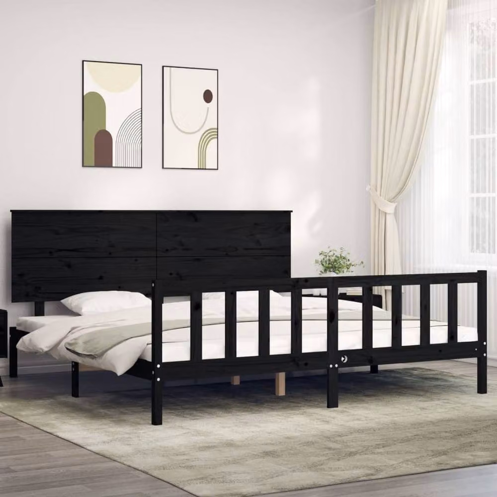 Berkfield Home Solid Wood Pine Bed Frame with Headboard in Black, 200 x 200 cm – 2