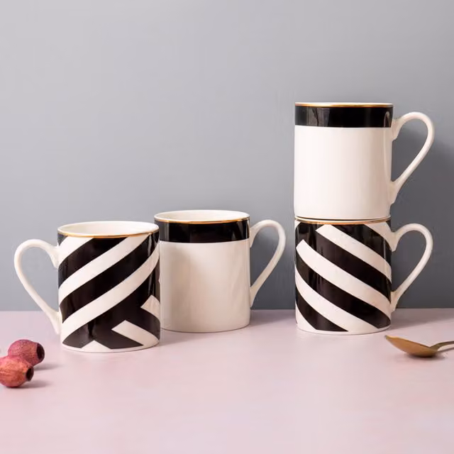 Mikasa Luxe Deco Geometric Bone China Mugs, Set of 4, 380ml - White and Gold