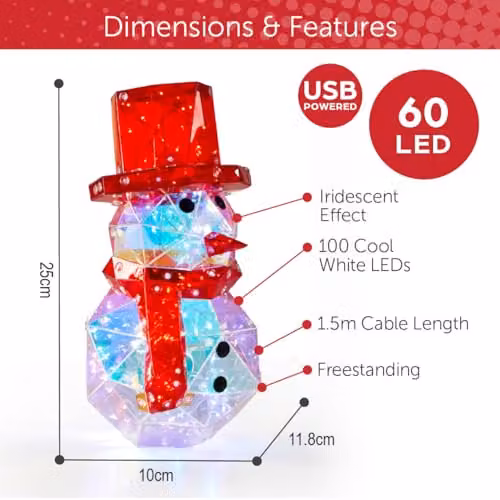 The Christmas Workshop Iridescent Snowman with 100 Cool White LED Lights, USB Powered Indoor Christmas Decoration, Height: 25 cm – 2