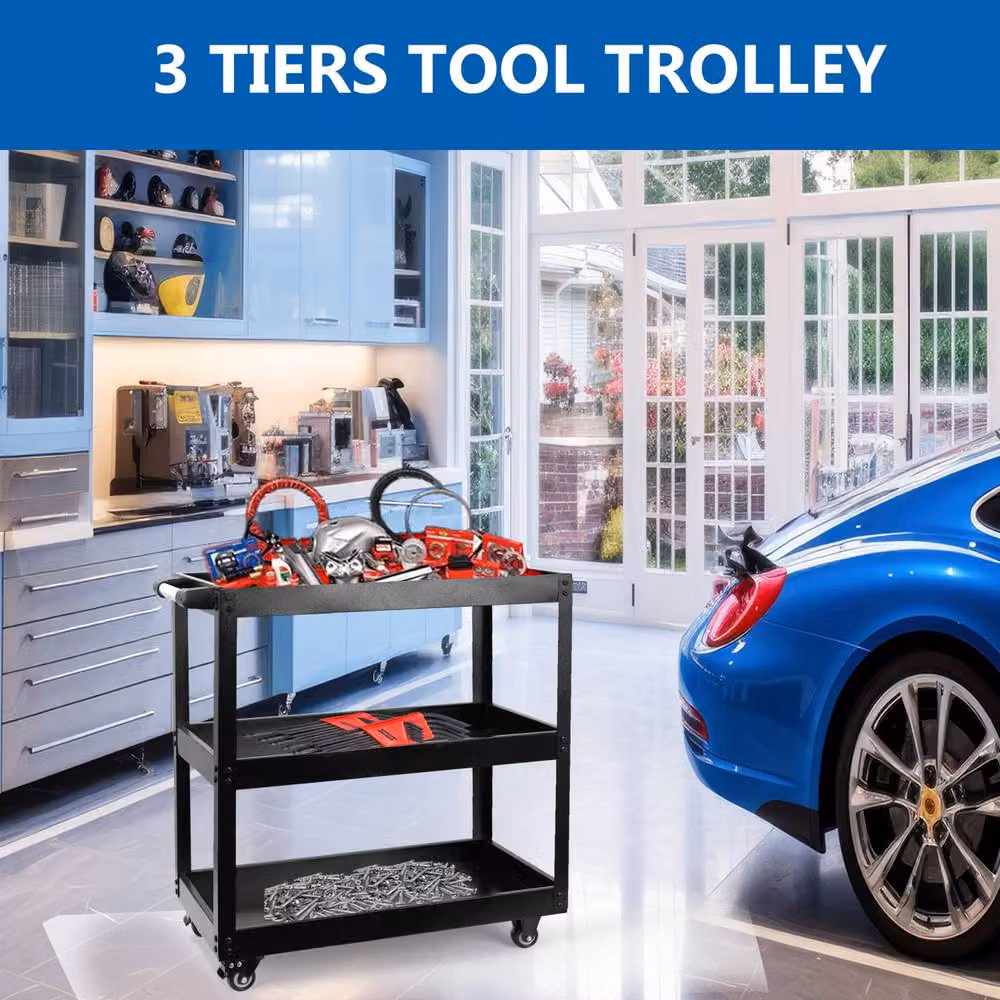 Crystals 3 Tier Heavy Duty Tool Storage Cart with Wheels, Black, W: 52 cm, D: 52 cm, H: 74 cm – 5