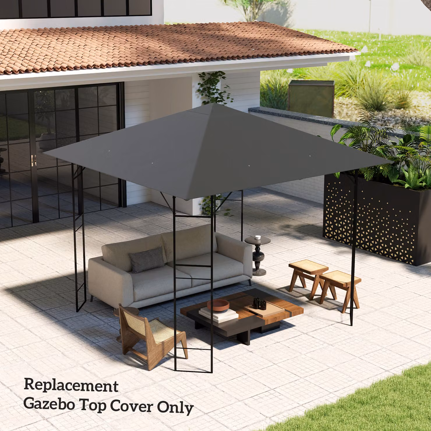 Outsunny Grey Gazebo Canopy Replacement Cover with Drain Holes, UPF 50+ Polyester Roof Cover – 6
