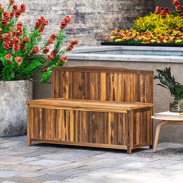 Outsunny Brown Lacquered Wood Storage Bench for Patio Furniture