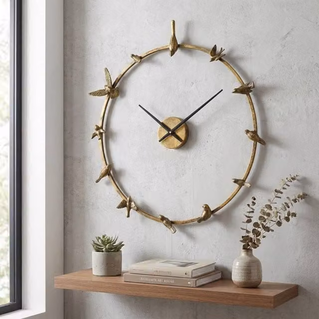 Garden Greatness Antique Gold and Black Vintage Metal Bird Bath Wall Clock