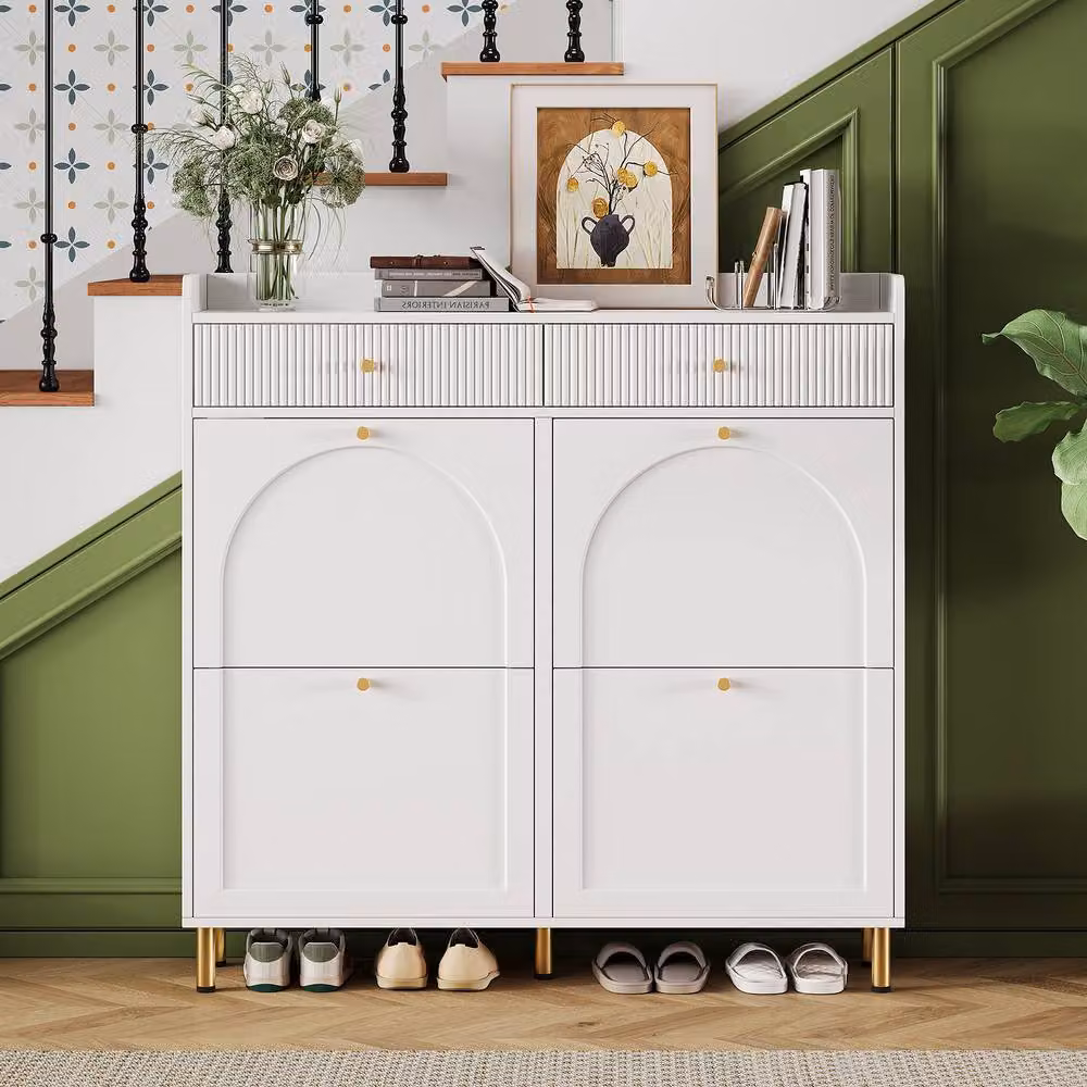Matteo Narrow White Shoe Cabinet with Tilting Doors and Drawers – 3