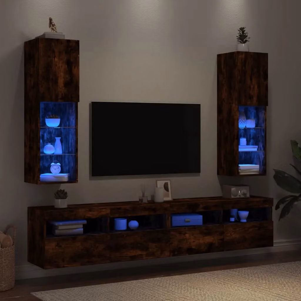 Berkfield Home Set of 2 Modern TV Cabinets with LED Lights in Smoked Oak Brown, W/D/H: 30.5 x 30 x 102 cm – 4
