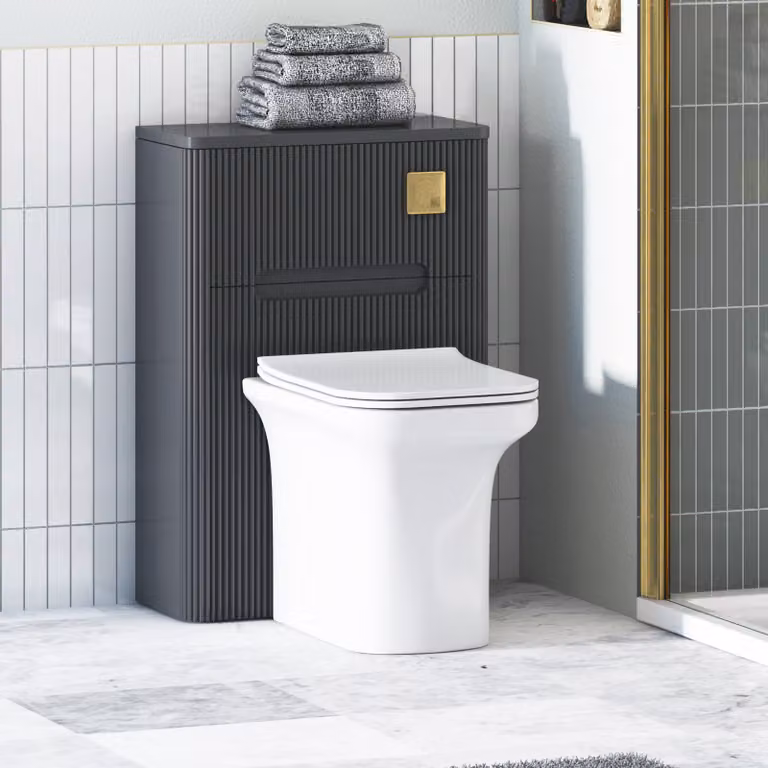 Avenza Matt Obsidian Black BTW Wall Mounted WC Unit with Crosby Rimless Ceramic Toilet Pan, Seat and Cistern, Width: 55 cm