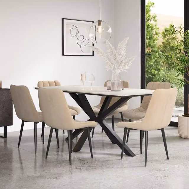 More4Homes Juno White Ceramic Rectangular Dining Table and 8 Nova Beige Velvet Chairs W/D/H: 180 x 90 x 75 cm
