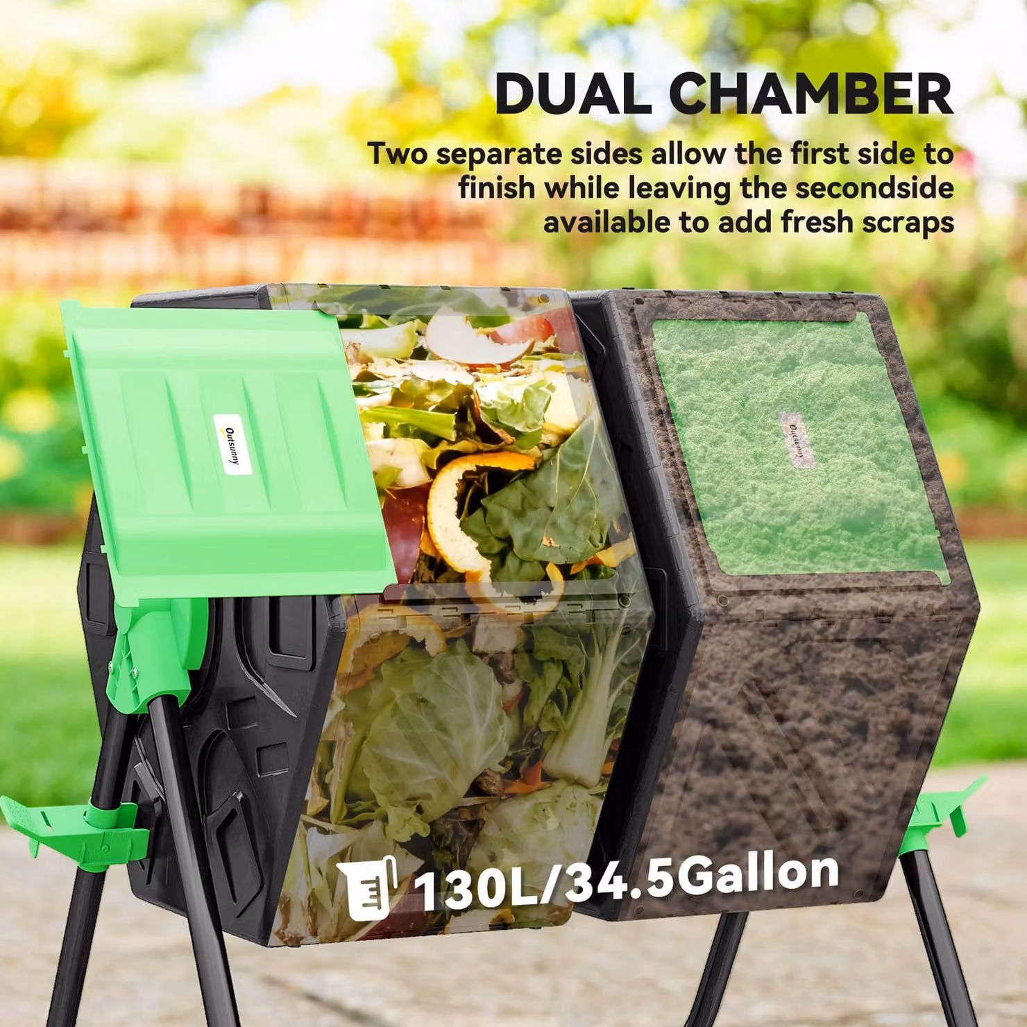 Outsunny Dual Chamber Rotating Garden Compost Bin, 130L, Green – 4