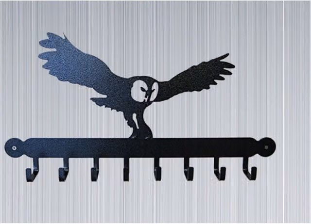 Poppyforge Owl Tool Rack with Hooks in Matt Black Powder Coated Steel, W: 53.3 cm, H: 10 cm