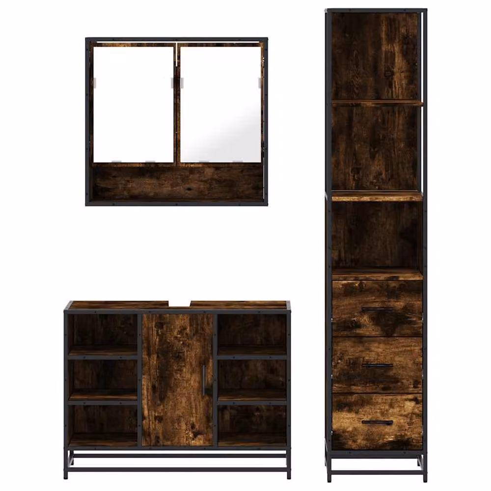 Berkfield Home 3-Piece Industrial Bathroom Furniture Set in Smoked Oak and Brown – 4