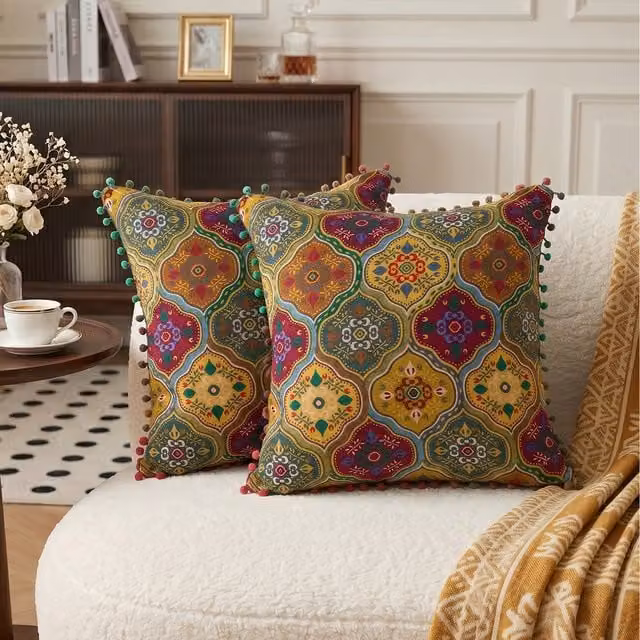 Livingandhome Pack of 2 Yellow and Multicolour Turkish Style Ethnic Pattern Linen Throw Pillows with Inserts, W/D/H: 45 x 45 x 45 cm