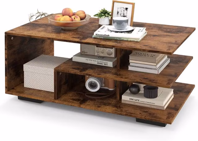 COSTWAY Geometric Industrial Coffee Table with Storage in Brown