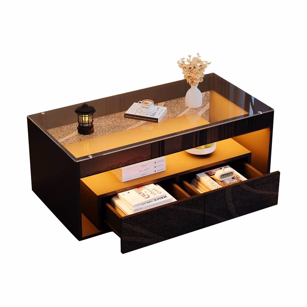 STILVORA Modern Rectangular Coffee Table with Glass Top and Black Glossy Finish, W: 100 cm, D: 50 cm, H: 40 cm – 4