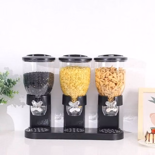 KORVIXA Triple Cereal Dispenser Dry Food Storage Container in Black and Transparent Plastic – 1