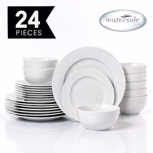 Waterside 24-piece White Rim Porcelain Dinner Set with Dinner Plates, Side Plates and Deep Bowls – 2