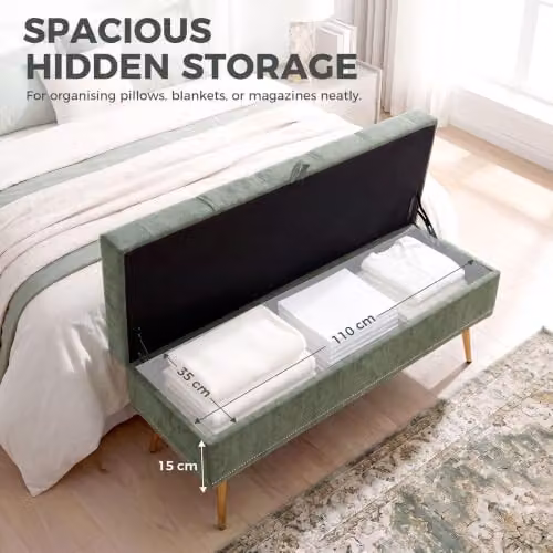 HOMCOM Chenille Upholstered Storage Ottoman in Green, W: 114 cm, D: 41 cm, H: 45 cm – 3