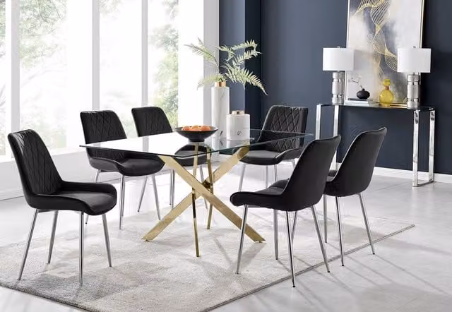 FurnitureboxUK Leonardo Gold Dining Table with Six Pesaro Silver Leg Chairs, Black and Transparent Glass, W: 150 cm, D: 90 cm, H: 75 cm