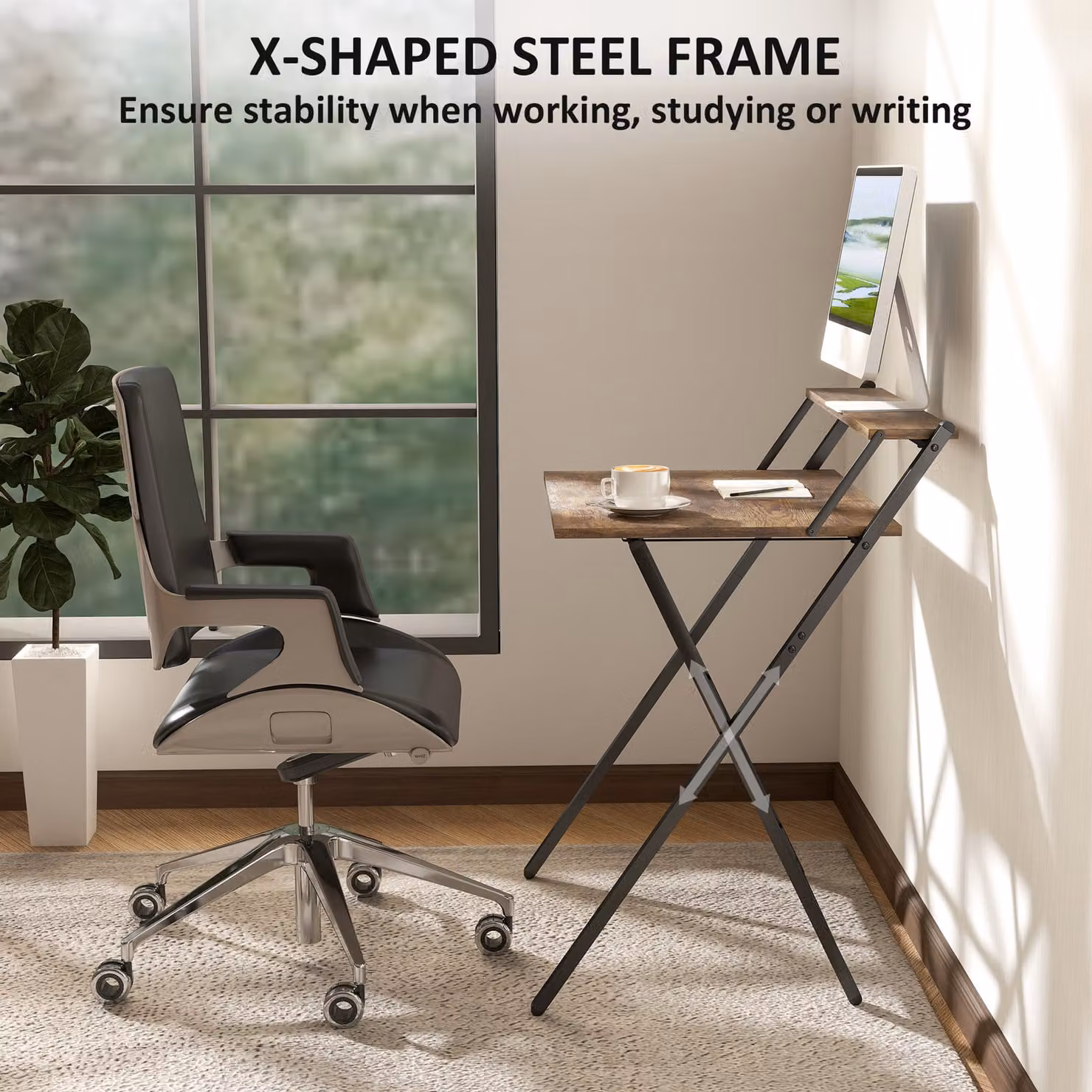 HOMCOM Folding Computer Desk with Monitor Shelf in Brown – 6