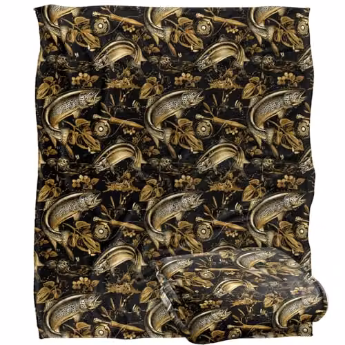 JQ Licensing Trout Tiki Fishing Pattern Super Soft Fleece Throw Blanket, White, W/D/H: 152 x 127 cm – 1
