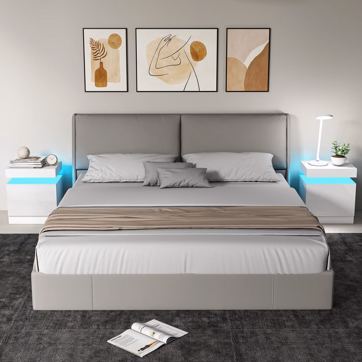 HOMCOM Set of 2 White High Gloss Bedside Tables with Integrated LED Light and 2 Drawers – 2