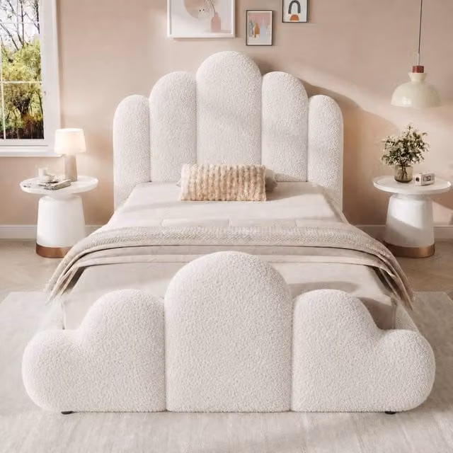 Merax Single Petal Upholstered Childs Bed Frame with Lift Up Base in Beige Boucle, W/D/H: 90 x 190 x 106 cm – 1