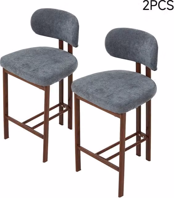 Living and Home Set of 2 Modern Upholstered Grey Fabric Bar Stools with Wood Frame – 1