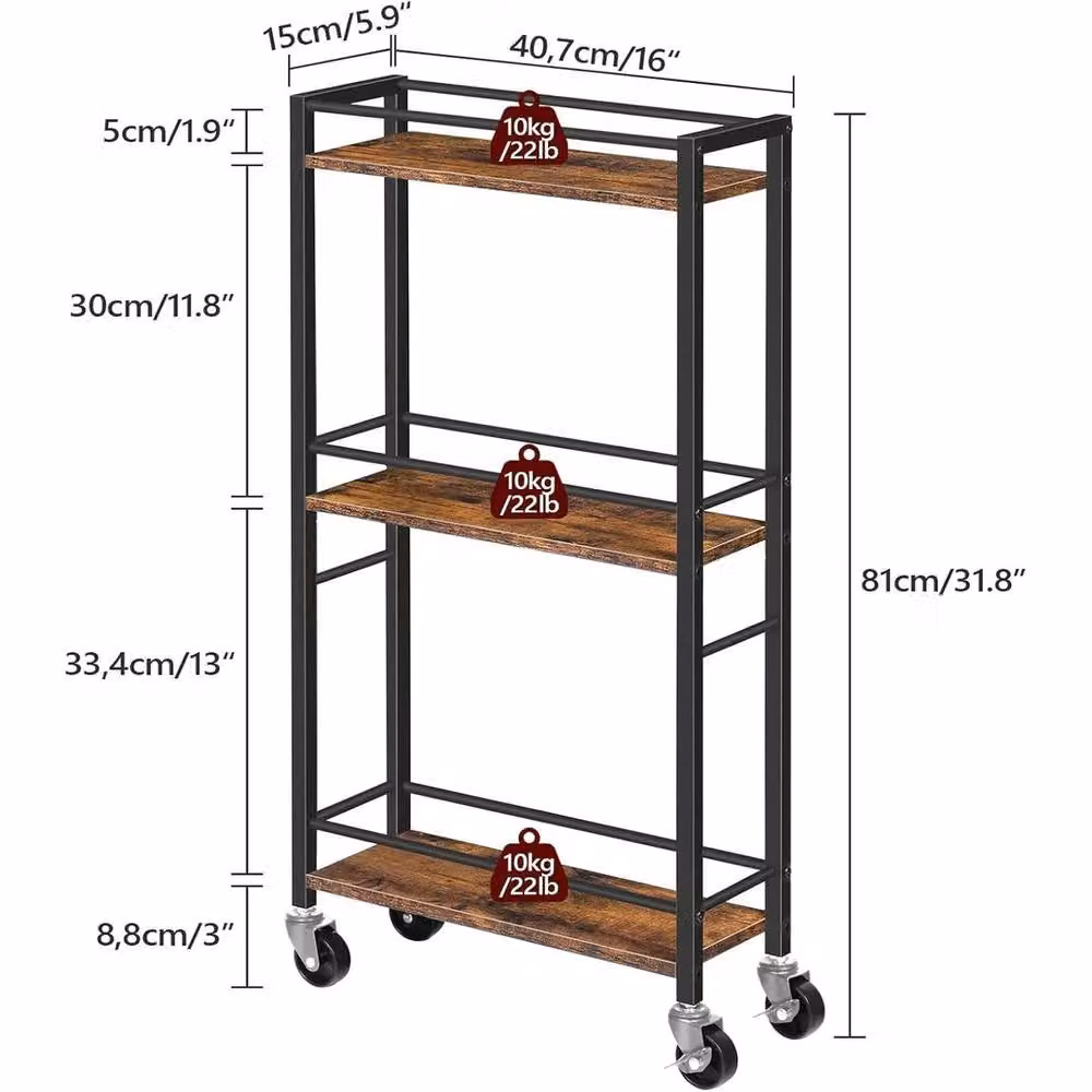 VOGREX 3-Tier Lockable Rolling Kitchen Storage Cart in Rustic Brown and Black, W/D/H: 40.7 x 30.0 x 81.0 cm – 2
