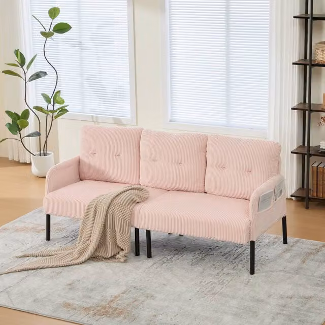 HomeTouch Modern 3 Seater Pink Fabric Sofa Bed with Side Pockets and Armrests, W/D/H: 171 x 80 x 57 cm – 1