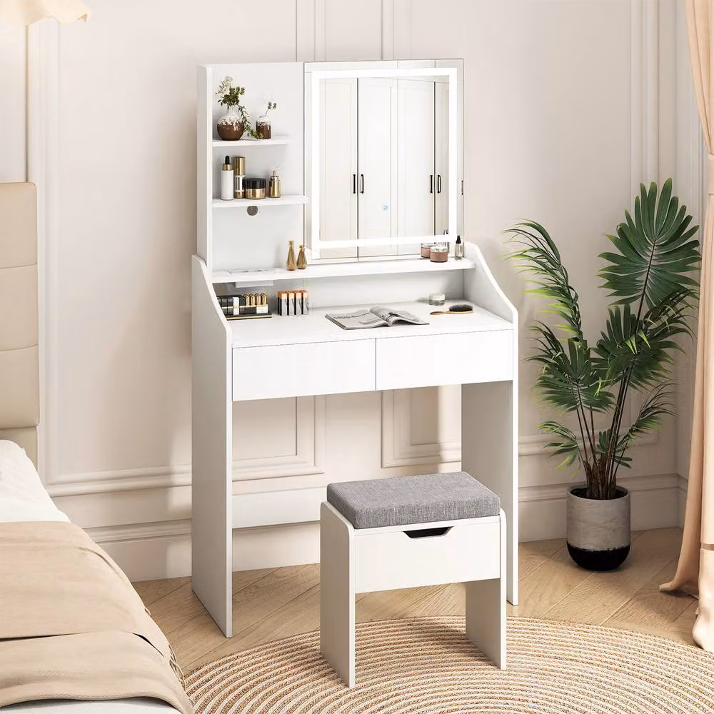 Costway Modern Wooden Vanity Desk Set with Hollywood LED Mirror and Storage Stool in White – 2