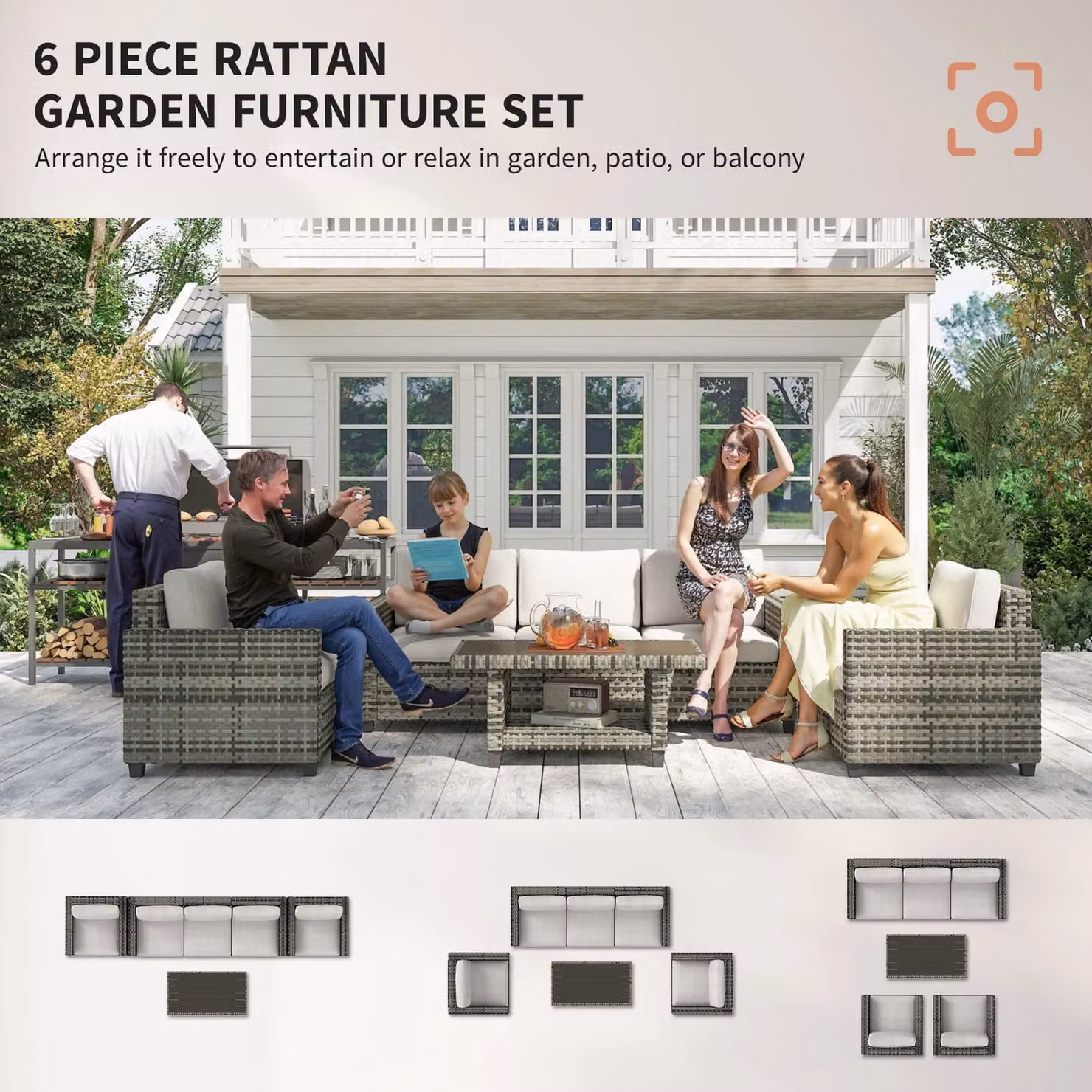 OUTSUNNY 5 Seater Wicker Outdoor Furniture Set with Upholstered Cushions and Coffee Table in Grey – 4
