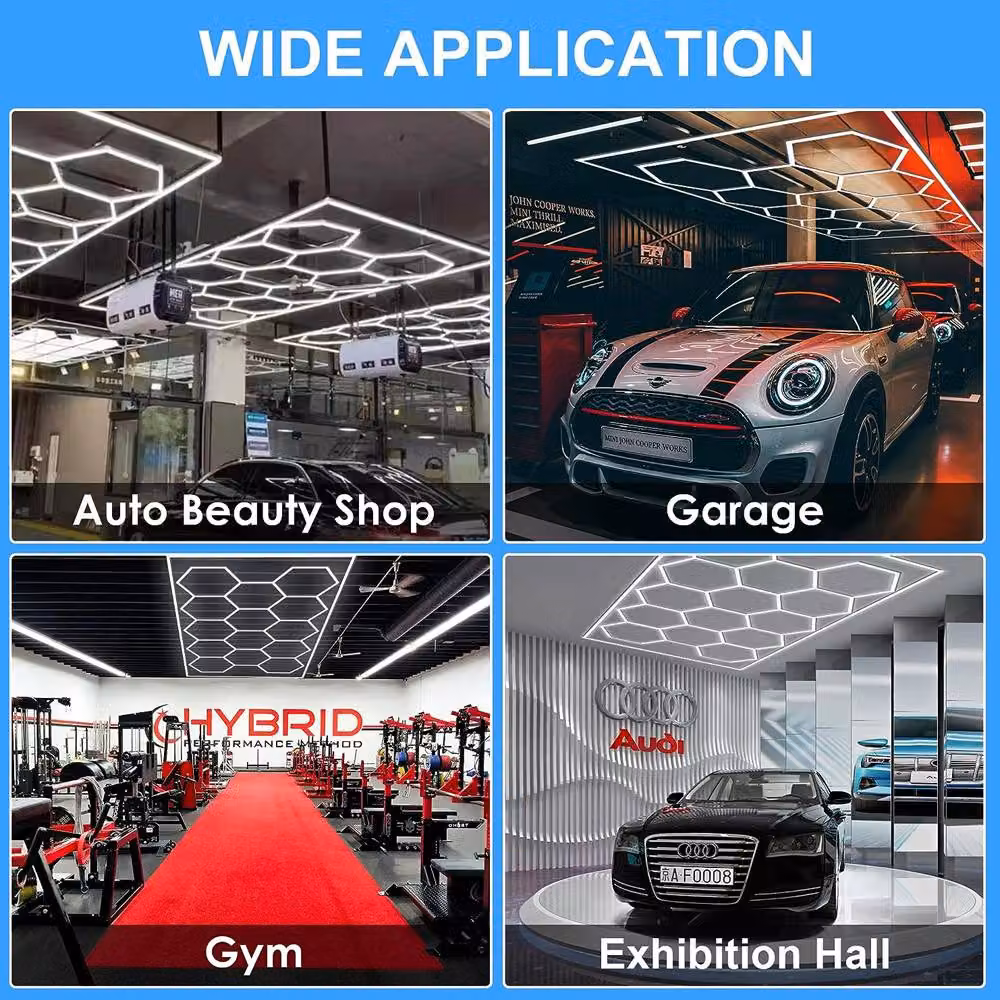 ENER-J 255W RGBIC Car Showroom LED Ceiling Lights with 14 Hexagon Design, Frame and Remote Control, White – 7